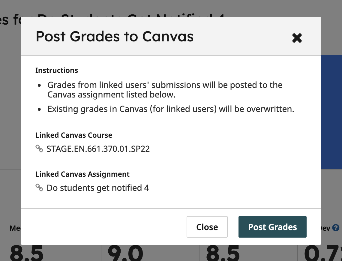 Screenshot of post grades to canvas dialog box