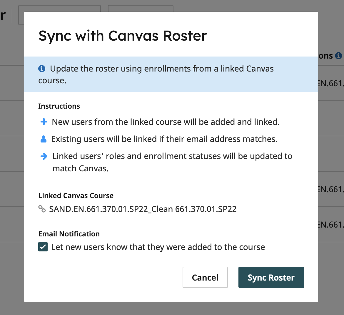 Screenshot of Gradescope's Sync with Canvas Roster dialog box