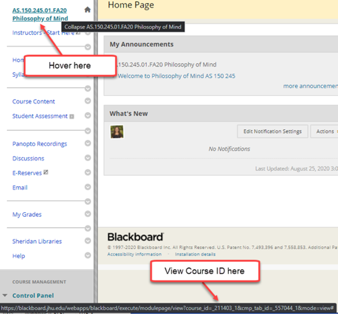 Screenshot of Blackboard showing how to hover over course title to find course id
