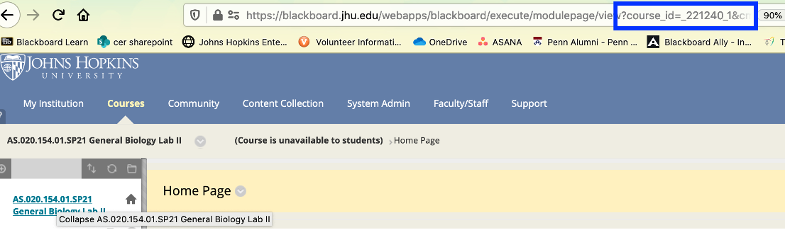 Screenshot of Blackboard showing where to find the course id in the browser page address