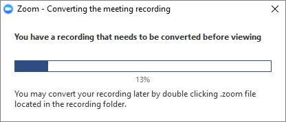 Screenshot of Zoom dialog box about converting the recording