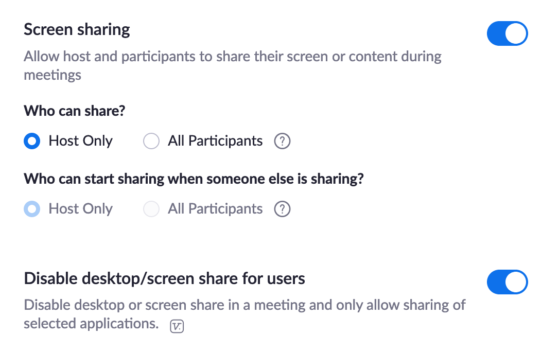 Screenshot of Zoom settings for who can share in meetings